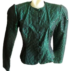 Vintage Bolero Jacket Sz 4 Scott McClintock Green Acetate Satin Sequined Green - Picture 1 of 9