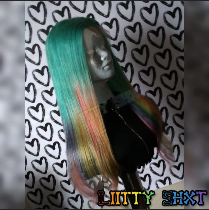 Peluca frontal de encaje 13x4 20 pulgadas 100 % cabello humano color personalizado (verde azulado arco iris fusión)🎨 Foto 1 de 4