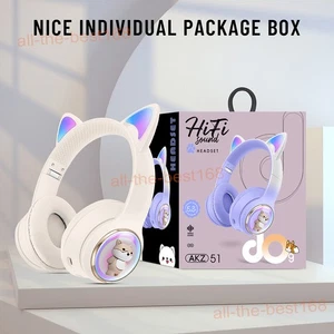 Wireless Bluetooth 5.3 Headset Cute Cat Ear RGB LED Headphone &Mic For Any Phone - Picture 1 of 14