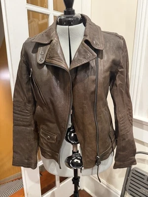 Chaqueta de cuero marrón Coach ajustada Moto para mujer mediana Foto 1 de 4