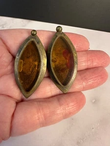 Artist Made Brass & Amber Resin Earrings Handmade Costume Jewelry Boho Statement - Picture 1 of 4