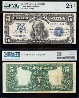 Bold & Crisp VF graded 1899 $5 "INDIAN CHIEF" Silver Certificate PMG 25/n! 91269 - Image 1 of 3