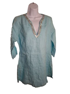 Malvin Womens Linen Tunic Top XL Blue Silver Beaded V Neck 3/4 Sleeves Lagenlook - Picture 1 of 7