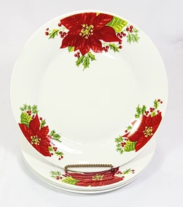Gibson Home Christmas Noble Poinsettia Set of 4 Dinner Plates 9" holly & berries - Imagen 1 de 4