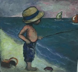 Little Fisherman - Miniature Acrylic Painting - 6” X 6” X 1.5” - Picture 1 of 4
