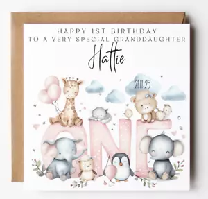 Personalised Granddaughter 1st Birthday Card, Cute Animals Card, Gift For Her, - Picture 1 of 5