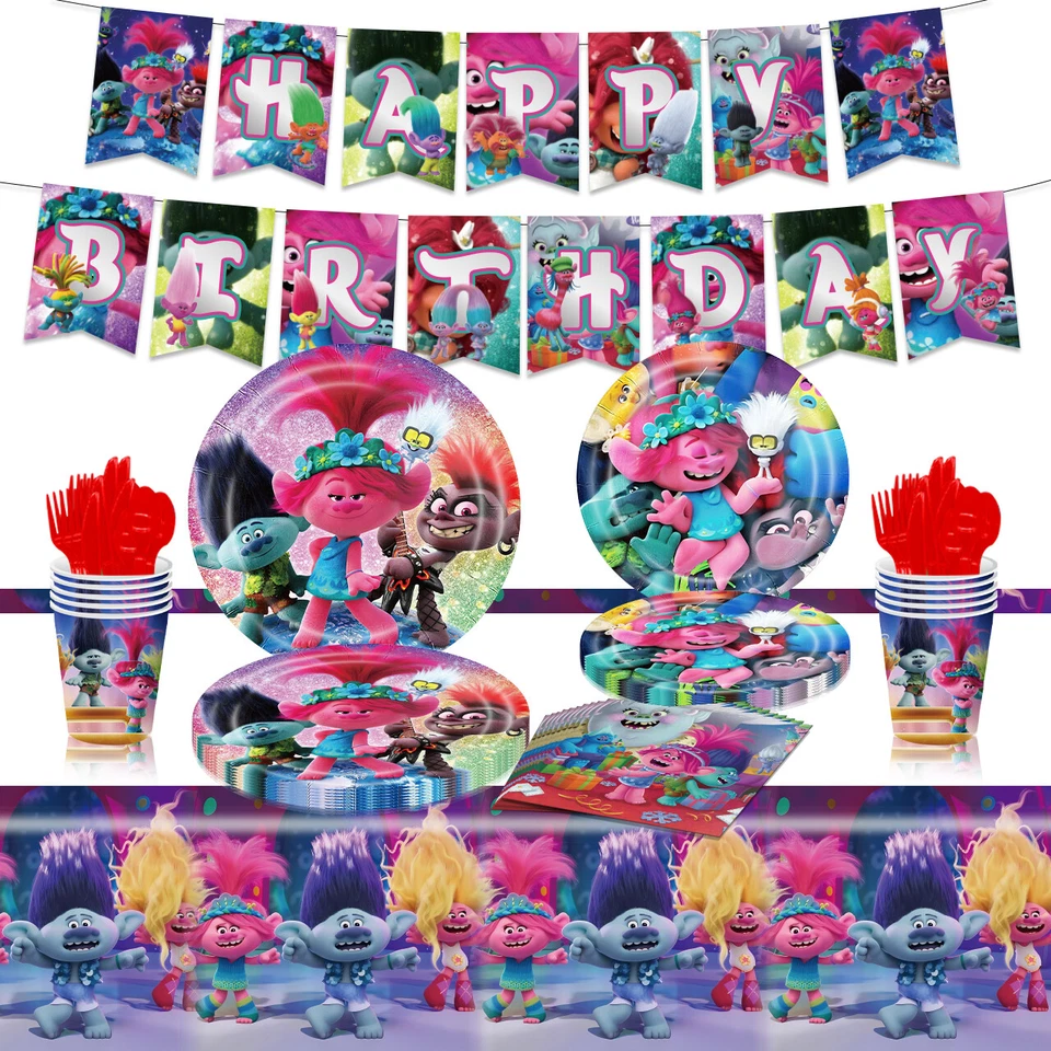 Trolls party birthday decoration tableware plate cup Princess Poppy balloons