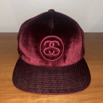 Vtg Stussy Hat Velour Suede Cap Embroidered Script Logo Strapback Rare - Image 1 of 4