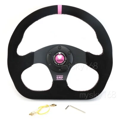 Pink OMP Suede Racing Flat D Shape Steering Wheel Universal Sport Car 320MM - Image 1 of 4