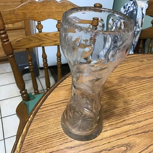 Large Crystal Vaseline Glass Vase, etched Floral pattern - Picture 1 of 5