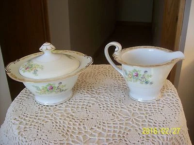 Royal Derby Vintage Cream & Sugar Bowl & Lid Tan & Green Border, Floral Spray - Image 1 of 4