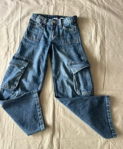 H&M Wide Leg Cargo Baggy Denim Blue Jeans Girls Sz8 Blend Stretch Kids Adj Waist - Picture 1 of 19