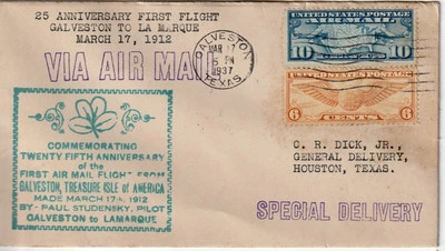 1937 Galveston,Tx Cover Comm Air Mail/ Special Delivery 1st Flight To La Marque - Image 1 of 2
