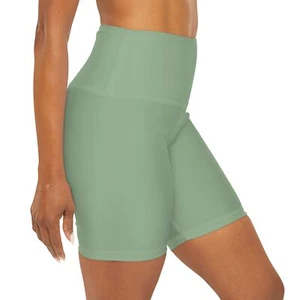 Soft Green Color - High Waisted Yoga Shorts (AOP) - Picture 1 of 55