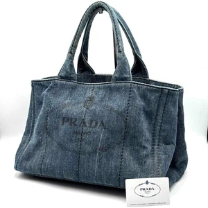 PRADA Tote Bag Canapa Denim Blue Authentic - Picture 1 of 20