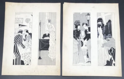 2 Diferentes De Colección Rugiente Dibujo Línea Años 20 Treichler Art Deco Litografía Línea Dibujos Foto 1 de 4