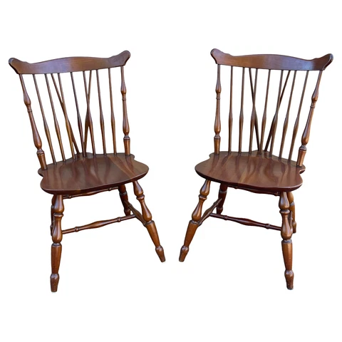 Pair Mid 20th Century Kling Traditional Cherry Brace Back Windsor Dining Chairs Cover