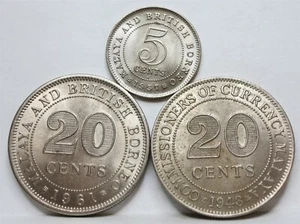 MALAYA BORNEO Britain 2x 20 cents 1948 1961 5 cents 1961 H UNC Elizabeth #C32 - Picture 1 of 6