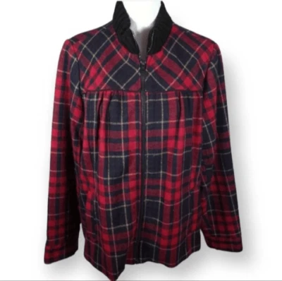 Vintage RELATIVITY RED Tartan Plaid WOOL BLEND Zip Up Bomber Jacket SHACKET SZ.1 - Image 1 of 4
