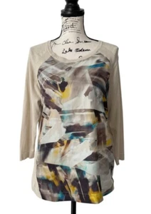 Cluny Womens Top Abstract Silk Front and Knit Cotton Back Beige Brown Size L - Picture 1 of 8