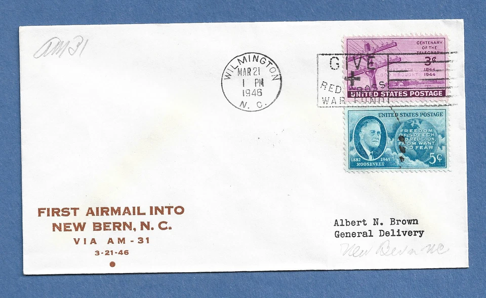 FIRST FLIGHT AM 31 WILMINGTON N.C TO NEW BERN MAR 21,1946  BROWN - Image 1 of 1