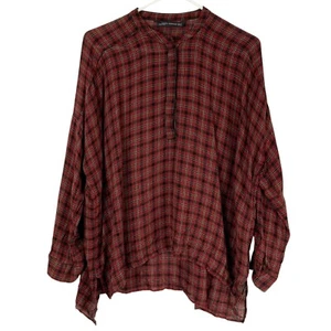 Zara Woman Red Striped Plaid 3/4 Sleeve Round Neck Button Tunic Top Size M - Picture 1 of 4