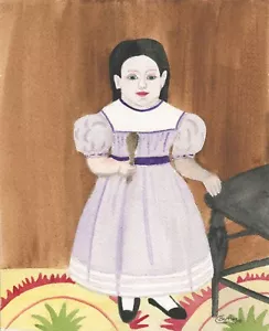 OriginAl FoLk ART WaTeRCoLoR PaInTiNg EaRlY AmERICAn GiRl ChAiR PuRpLe Dress - Foto 1 di 8