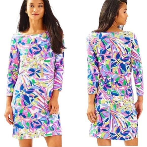 Vestido Lilly Pulitzer Marlowe XS Pima algodão praia colorido costeiro rosa azul - Imagem 1 de 4