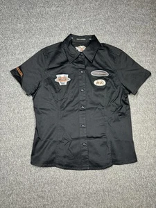 Harley Davidson Womens Shirt Medium Black Mechanic Biker Button Collared Patch - Picture 1 of 10