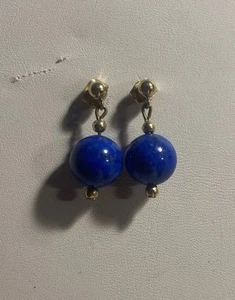 14k Yellow Gold Genuine Lapis Lazuli Drop Dangle Earrings 2/3" - Bild 1 von 9