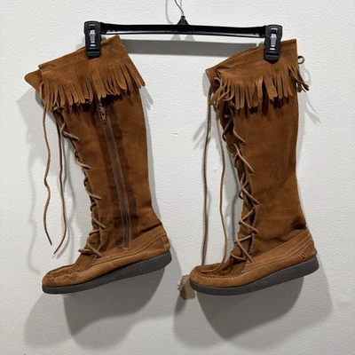 Botas altas mocasín de gamuza Report Dingo para mujer talla 7,5 con cordones flecos cuero Foto 1 de 4
