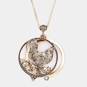 Antique Gold Rooster Magnifying Glass Pendant Necklace Long Vintage Style Chain - Picture 1 of 2