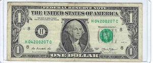 Fancy One $1 dollar bill Birthday Note serial #H04200207C 04-07-2002  07-04-2002 - Picture 1 of 3