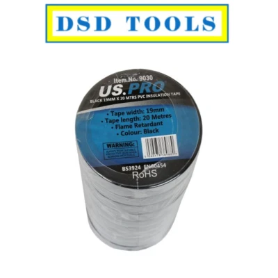 US PRO TOOLS Black 19MM X 20 Meters PVC Insulation Tape  x10 - 9030 - Image 1 of 2