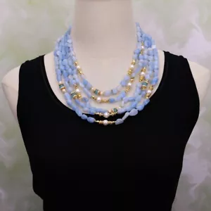 5 Strands Natural Blue Aquamarine Nugget White Pearl Necklace Multi Rows Jewelry - Picture 1 of 6