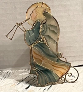 "Trompeta de cuerno de juego vintage Capiz Shell Angel hecha a mano 4,75"" con adornos dorados" - Imagen 1 de 10