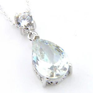 Teardrop Handmade White Fire Topaz Gemstone Silver Necklace Pendants With Chain - Picture 1 of 6
