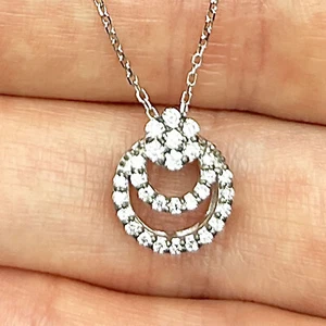 .25CTW Real Diamond Double Circle Cluster 18K White Gold Pendant .47" & Chain - Picture 1 of 8