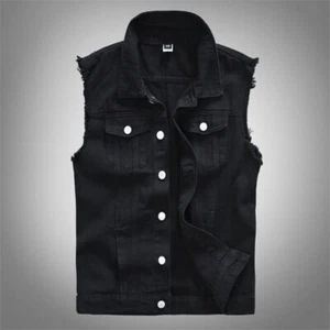 Men Plus Size Black Denim Waistcoat Mens Casual Canvas Torn Vest Coat Jacket Top - Picture 1 of 2
