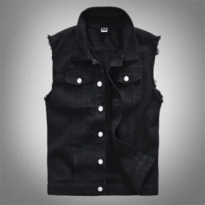 Men Plus Size Black Denim Waistcoat Mens Casual Canvas Torn Vest Coat Jacket Top - Image 1 of 2
