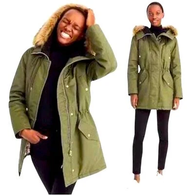 J.Crew Green Utility Parka Jacket Women’s Petite XS Faux Fur Hood PrimaLoft EUC - Image 1 of 4