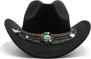 Black Western Cowboy, Cowgirl Hat, Bead Tassle Strap, Men Women Retro Wide Brim - Picture 1 of 9