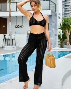 Woman Crochet Outfits Two Piece Halter Top/Trousers Black Medium Stretch Hollow - Picture 1 of 20