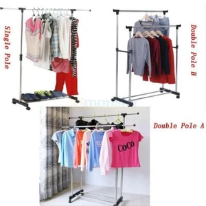 Single/Double Adjustable Portable Clothes Hanger Rolling Garment Rack Duty Rail - Picture 1 of 13