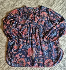 Ann Taylor Loft Women's L Tunic Peasant Gloral Coral Blue Longsleeve - Picture 1 of 9