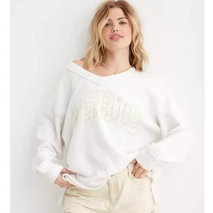 Sudadera Aerie Wonder Cuello en V Logo Pullover Blanca Gran Tamaño Acogedora Ropa de Salón M - Imagen 1 de 5