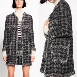 Zara Tweed Black White Jacket Blazer Houndstooth Fringe Cardigan Coat XS - Picture 1 of 9