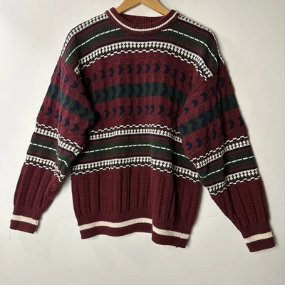 Vtg Editions Van Heusen Sweater 90s Geometric 3D Knit Crewneck Grandpa Cabin M - Image 1 of 4