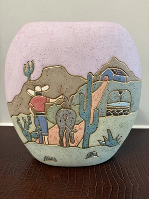 Jarrón de cerámica vintage escena suroeste adorno dorado 9,75" de alto Foto 1 de 4