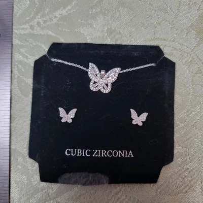 Collar y Pendientes Colgante Mariposa Circonita Cúbica Placa Plata Danecraft Rosa Foto 1 de 3